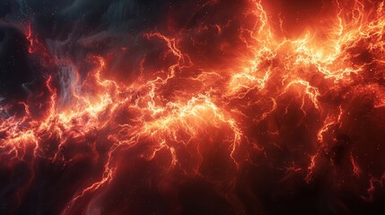 Fototapeta premium a burst of pure power and electricity erupts within the bright, burning dark red plasma, showcasing a dramatic energy explosion.