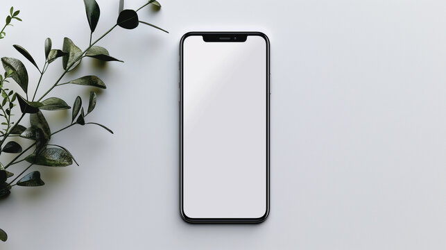 A white phone is sitting on a table next to a leafy plant