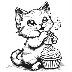 Black and White Cartoon Illustration of Cute Cat Animal