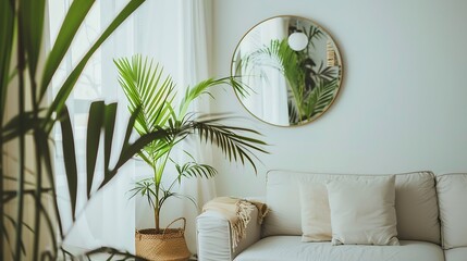 Interior of light living room with comfortable sofa houseplants and mirror near light wall : Generative AI
