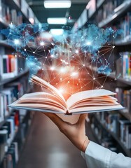 Add a touch of modernity to your projects with a digital tech book in a library background.
