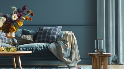 Interior design of cozy living room with stylish sofa coffee table dired flowers in vase mock up poster carpet decoration pillows plaid and personal accessories in modern home decor Te : Generative AI