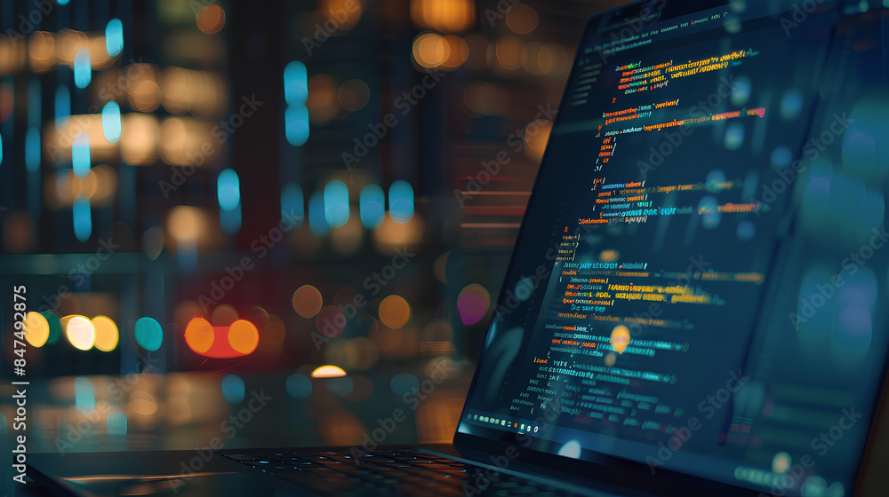 Poster a close-up on a laptop screen displaying code with cloud service apis and a blurred background of a 