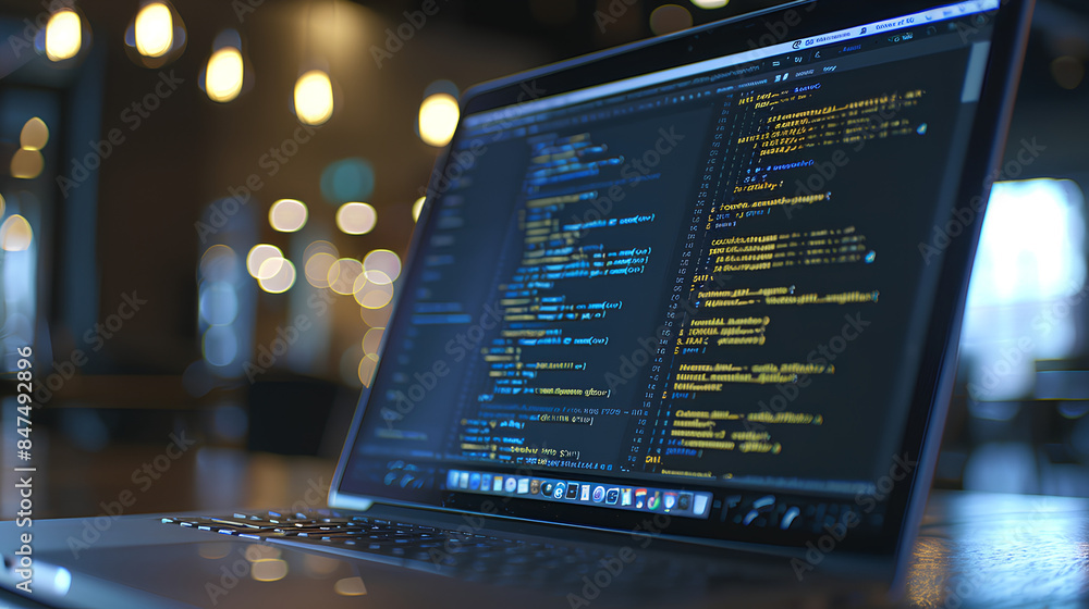 Poster a close-up on a laptop screen displaying code with cloud service apis and a blurred background of a 