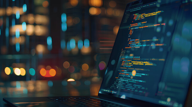 A close-up on a laptop screen displaying code with cloud service APIs and a blurred background of a modern data center, DevOps, Cloud Technologies, dynamic and dramatic compositions, with copy space - Powered by Adobe