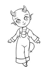 A coloring page with charming cartoon demon character featuring horns and an elf ears,  depicted in kavaii anime line art style. Perfect for Halloween gifrs.