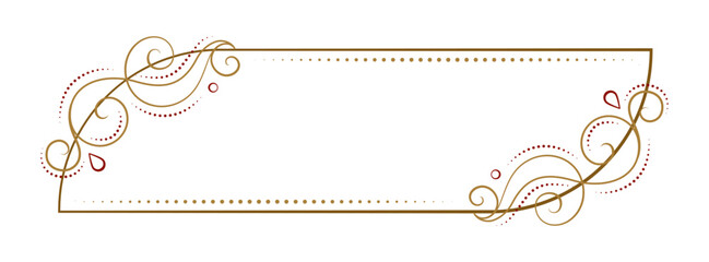 Elegant decorative horizontal cartouche frame with intricate gold and red swirls, ideal for invitations, announcements, or festive designs.