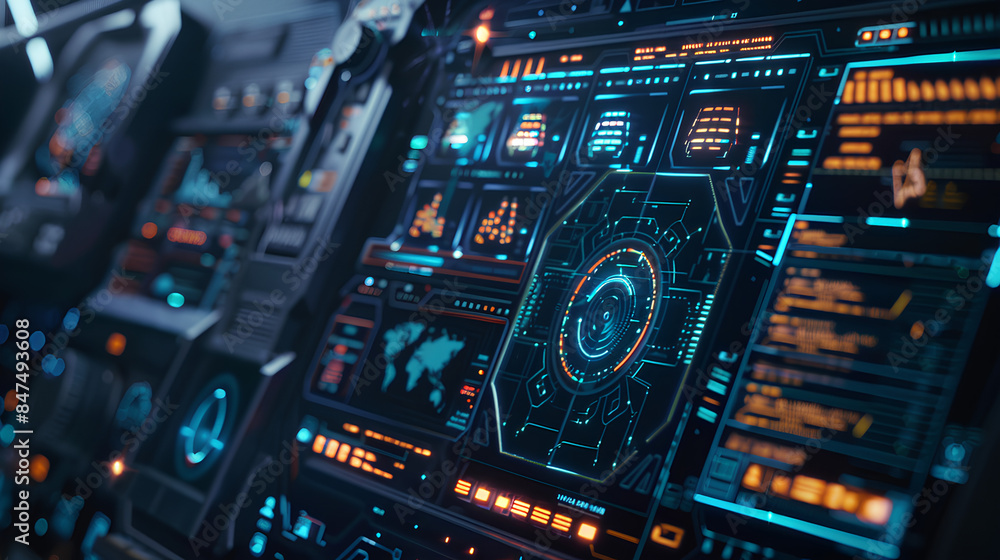 Poster a high-tech interface showing a cybersecurity network, network, dynamic and dramatic compositions, w