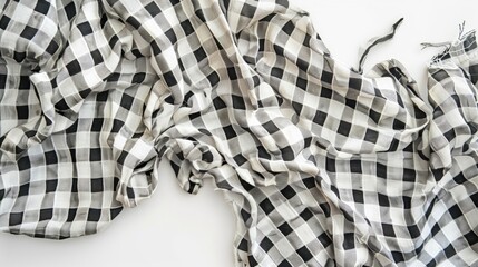 Torn crumpled checkered fabric on white background Textile Patterned material isolated