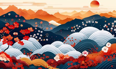 Fototapeta premium an eye-catching Japanese-style seamless pattern vector, blending saturated color fields with magewave elements, showcasing vibrant red and orange landscapes