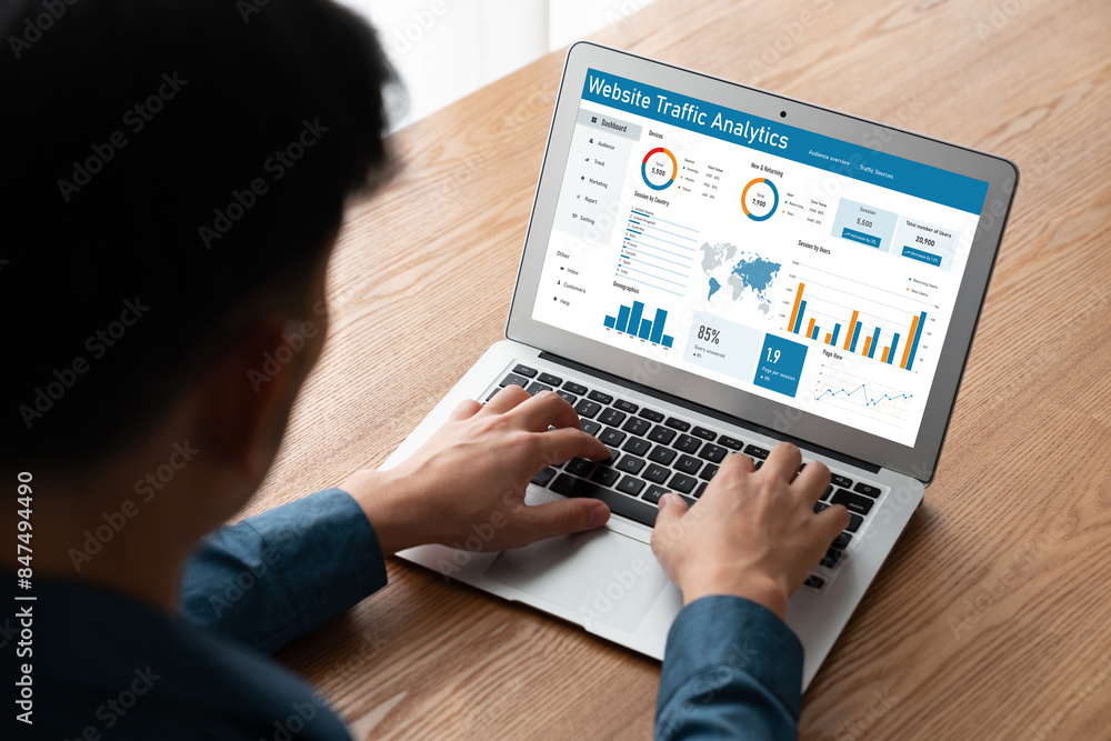 Poster computer software for website traffic analytics data on computer screen. concept of seo search engin