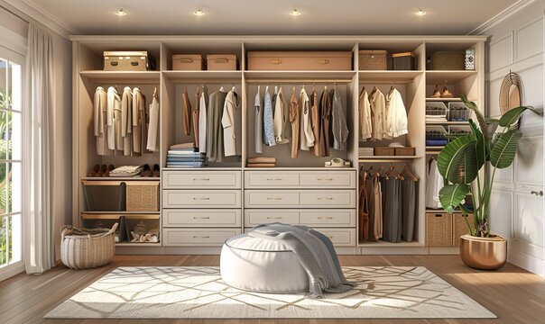 Modern, clean wardrobe interior, photorealistic rendering with stylish organization.