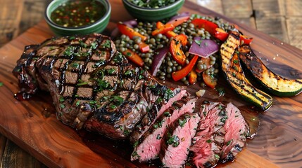 Fototapeta premium Asado argentine style steak with grilled vegetables chimichurri sauce and lentil salad