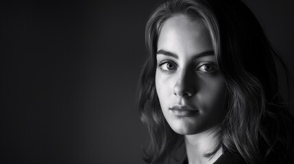 Black and white portrait of a young woman with expressive eyes, conveying emotion and depth, captured in a studio setting.