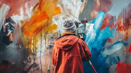 Artist creating a colorful abstract painting on a large canvas. The scene is vibrant, full of creativity and artistic expression.