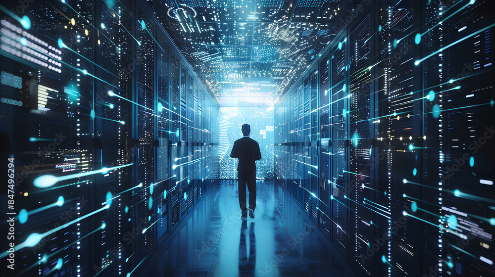 Poster businessman with virtual cyber security technology and online data protection for security of data s