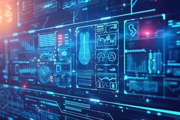 Futuristic user interface with various graphs, readouts, and diagnostic data.  The interface is blue and black with a white glow.