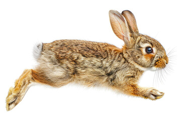A rabbit mid-hop, legs extended, isolated on a white background