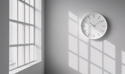 a minimalist white wall with a white analog clock, soft sunlight from the left