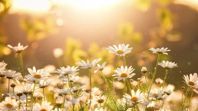 Sunny daisy flowers with small bokeh animation. Seamless looping.