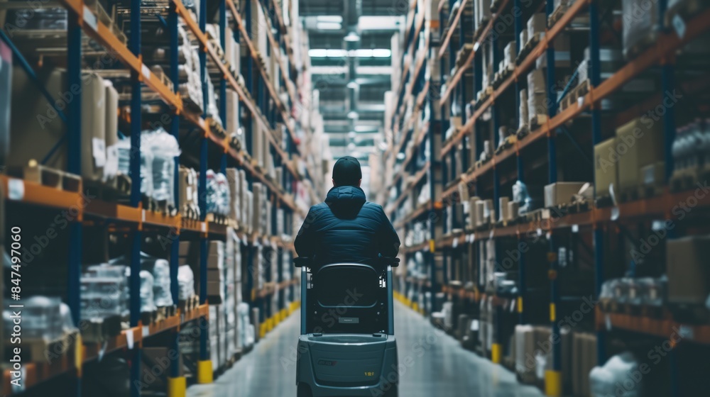 Poster smart warehouse worker or operator driving forklift and lifted product surrounded with box at storag