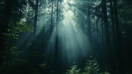 Obraz premium Sunlight filters through a dense forest canopy, casting serene rays and creating a peaceful, natural atmosphere in the heart of the woods.