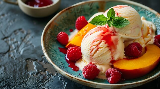 Bowl of peach melba vanilla ice cream with peaches and raspberry sauce