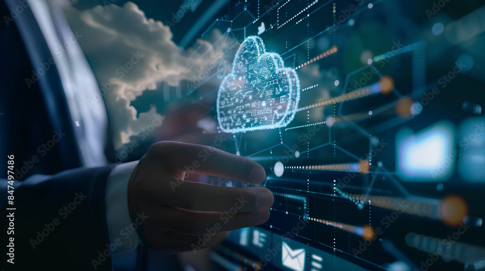 Aufkleber cloud erp, enterprise resource planning concept. businessman connecting data with cloud computing to