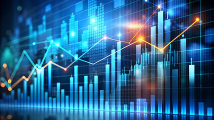 Perspective view of stock market growth, business investing and data concept with digital financial chart graphs, diagrams and indicators on dark blue blurry background