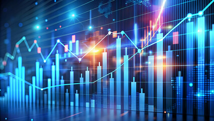 Fototapeta premium Perspective view of stock market growth, business investing and data concept with digital financial chart graphs, diagrams and indicators on dark blue blurry background
