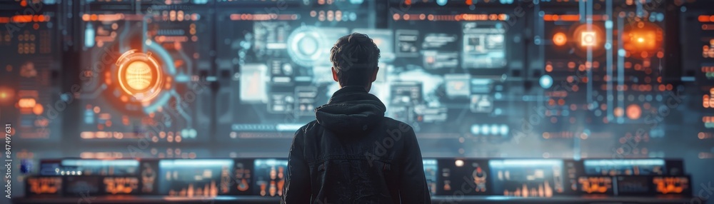 Poster person in control room with futuristic screens and glowing monitors, analyzing data in a high-tech e