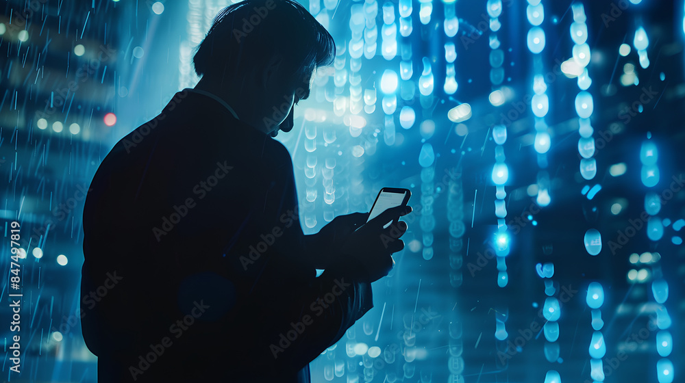 Poster cybersecurity and privacy concepts to protect data. businessman use smartphone with cyber security t