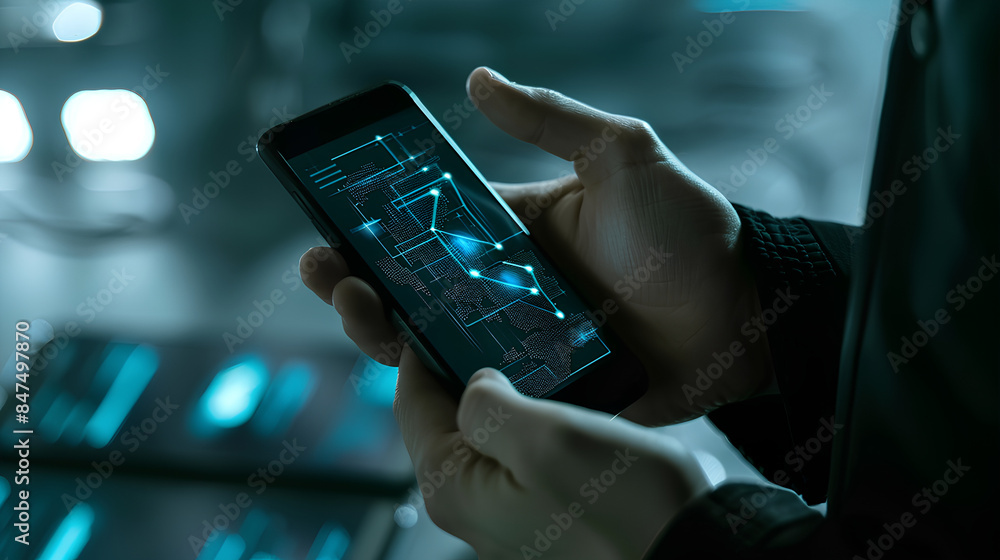 Poster cybersecurity and privacy concepts to protect data. businessman use smartphone with cyber security t
