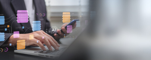 AI Business Management Documents , Professional Using Digital Tools for Data Management, Network Security, and Innovation in the Office