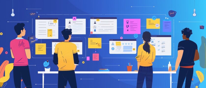 Team collaboration in a modern office with people brainstorming and reviewing ideas on a large project board, vibrant and creative atmosphere.