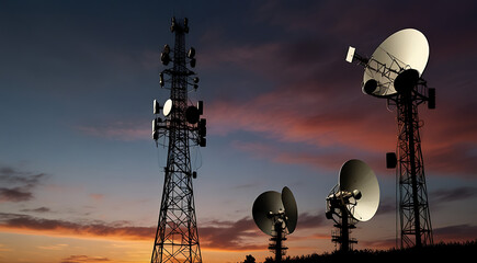An Antenna tower of telecommunication and Phone base station with TV and wireless internet antennas with copy space and dusky sky
