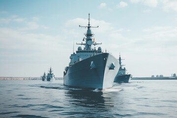 Modern naval warships conducting military training exercises in the vast expanse of the open sea
