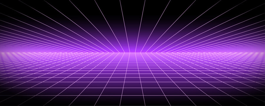 Glowing neon purple wireframe background. Shining checkered grid planes in perspective. Bright retro futuristic horizon wallpaper. Arcade game sci fi matrix surface. Vector backdrop for poster, banner