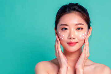 Beautiful Young Asian woman with clean fresh skin on solid background, AI Generative