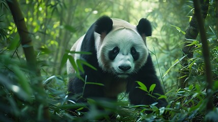 Fototapeta premium Giant panda walkig on a forest