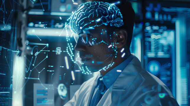 doctor using artificial intelligence on virtual screen for medical research - future medicine healthcare laboratory concept