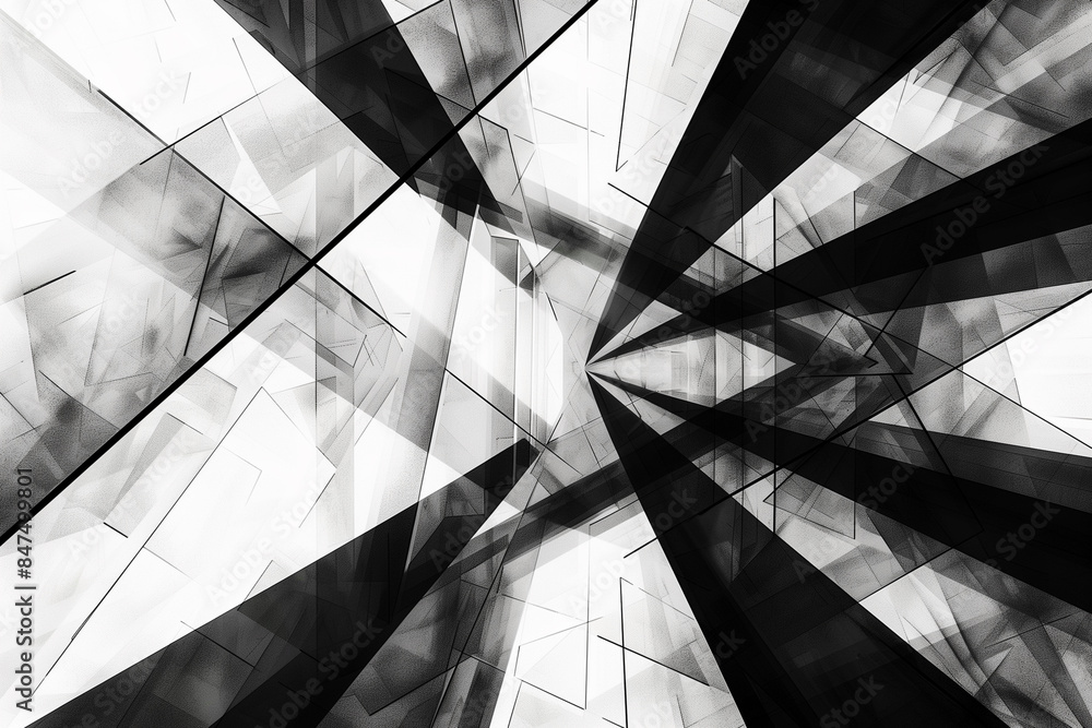 Poster a black and white photo of a building with a lot of lines and angles. the photo is abstract and has 