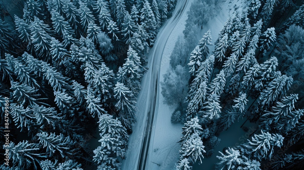 Wall mural Winter mountain road in the forest seen from above