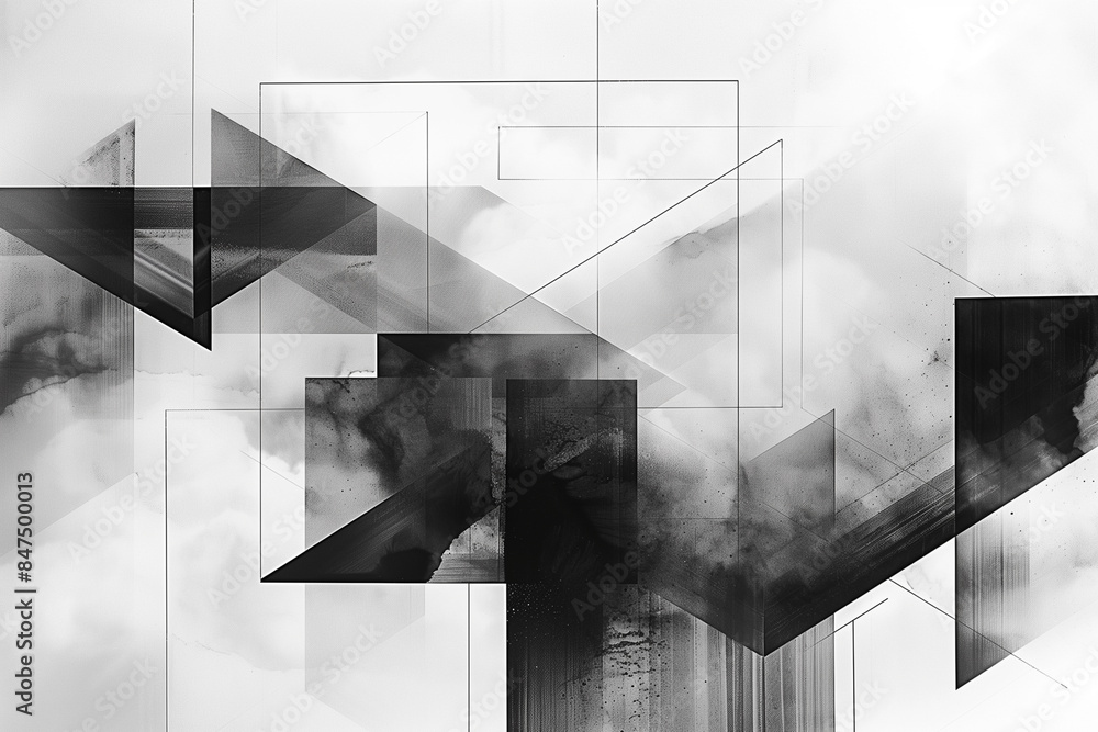 Poster a black and white photo of a building with a lot of lines and angles. the photo is abstract and has 
