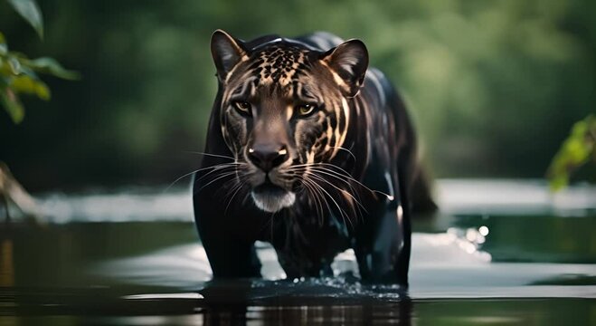 A panther in a river with water reflections on a dark background