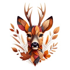 Illustration eines Rehbocks, gestaltet aus verschiedenen Bl&auml;ttern in warmen Farben.Eine wundersch&ouml;ne naturverbundene und kreative &Auml;sthetik