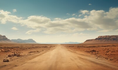 Endless Barrenness - A Stark and Desolate Dry Road Stretches into the Drought-Stricken Horizon in Warm Realism Photography