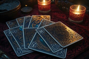 Tarot Cards and Candles on a Red Tablecloth.