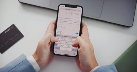 Phone screen, hands and credit card for sale, discount or promotion code for free gift with payment. Smartphone, app or person check retail deal for valentines day, present or ecommerce offer or pin