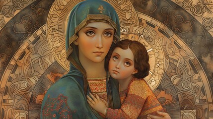  Icon of Saint Anne holding the Virgin Mary as a child, both with halos, surrounded by intricate patterns. © Oranee 